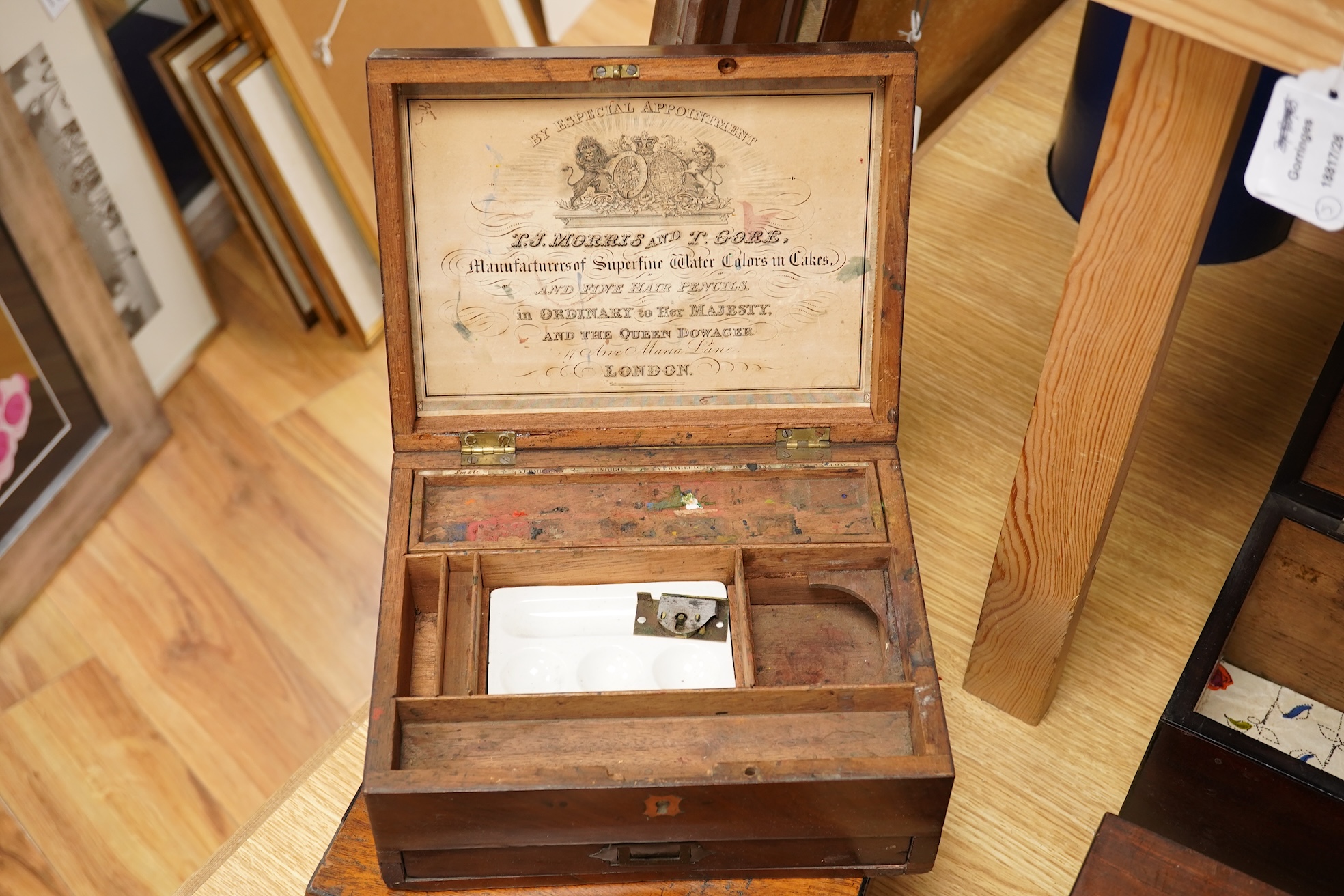 A group of five 19th-century boxes to include two artists paint boxes and a post box, largest 30cm wide